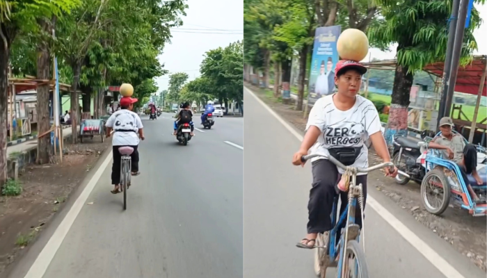 Emak-Emak di Probolinggo Tantang Gravitasi, Bawa Melon di Atas Kepala Sambil Bersepeda